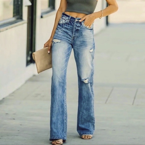 KanCan 90s High Rise Flare Leg Jeans Distressed Wide Leg Medium Wash Denim Y2K - Picture 6 of 12